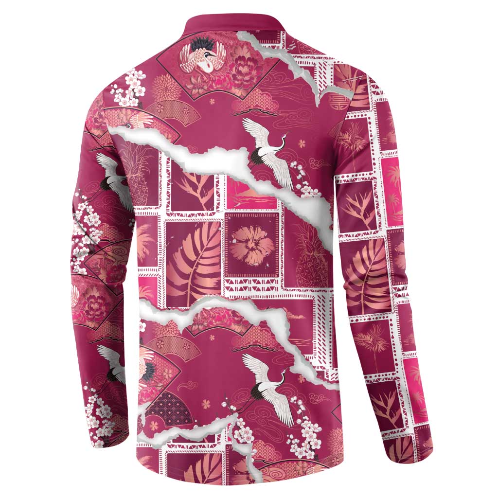 Hawaii Japanese Culture Pink Button Sweatshirt Spring Cranes Aloha Pattern LT01 - Polynesian Pride