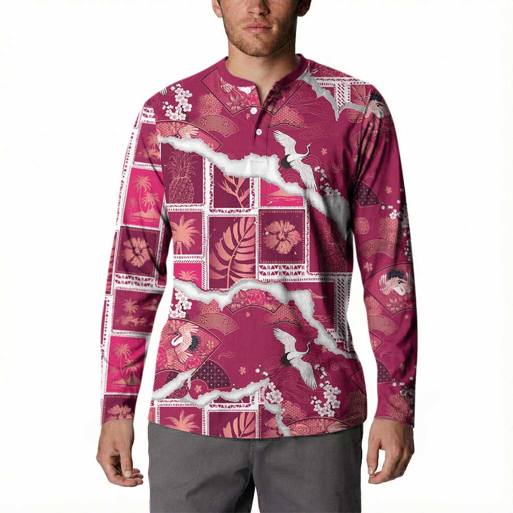 Hawaii Japanese Culture Pink Button Sweatshirt Spring Cranes Aloha Pattern LT01 - Polynesian Pride