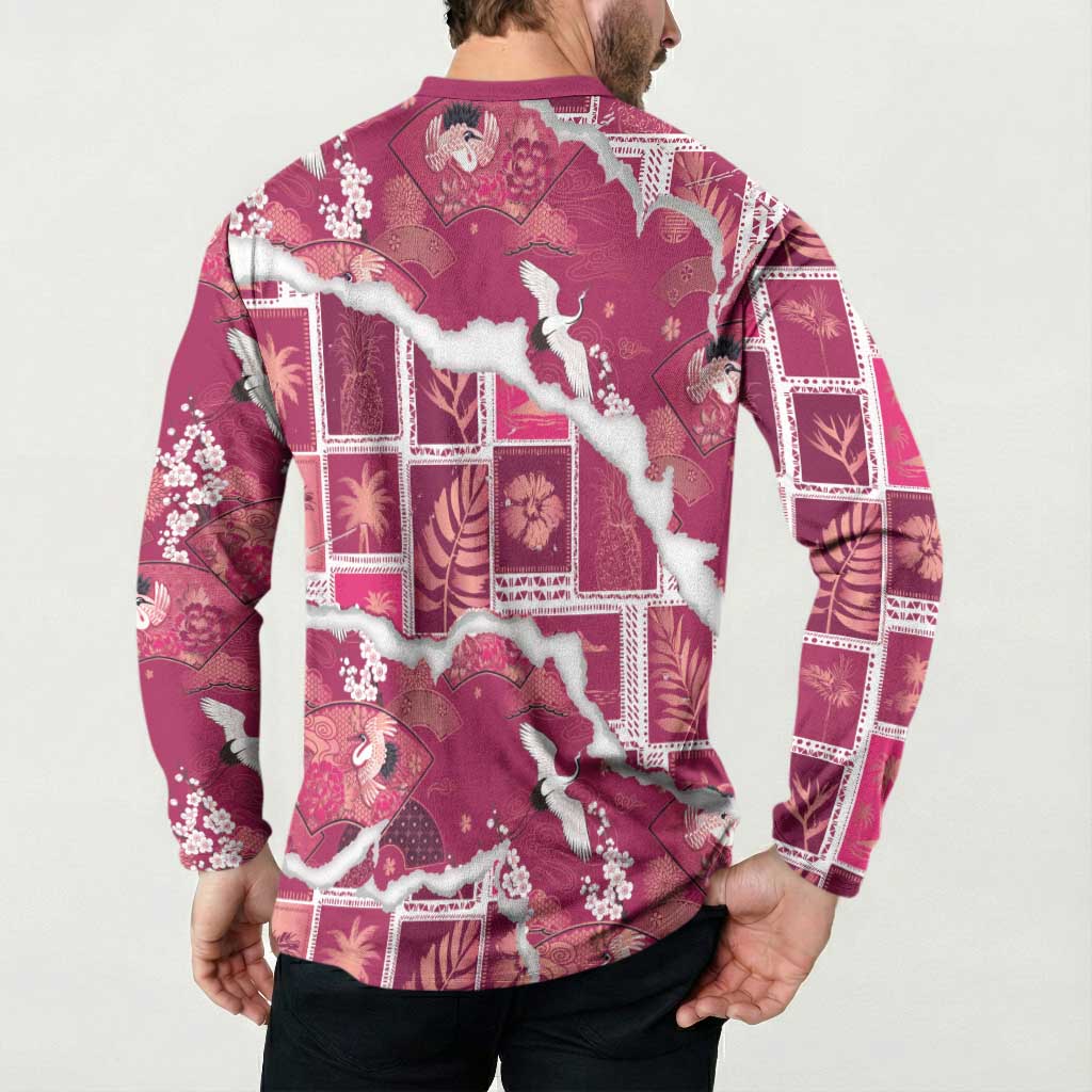 Hawaii Japanese Culture Pink Button Sweatshirt Spring Cranes Aloha Pattern LT01 - Polynesian Pride