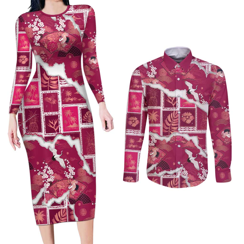 Hawaii Japanese Culture Pink Couples Matching Long Sleeve Bodycon Dress and Long Sleeve Button Shirt Spring Cranes Aloha Pattern LT01 Pink - Polynesian Pride