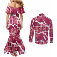 Hawaii Japanese Culture Pink Couples Matching Mermaid Dress and Long Sleeve Button Shirt Spring Cranes Aloha Pattern
