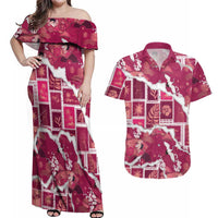 Hawaii Japanese Culture Pink Couples Matching Off Shoulder Maxi Dress and Hawaiian Shirt Spring Cranes Aloha Pattern