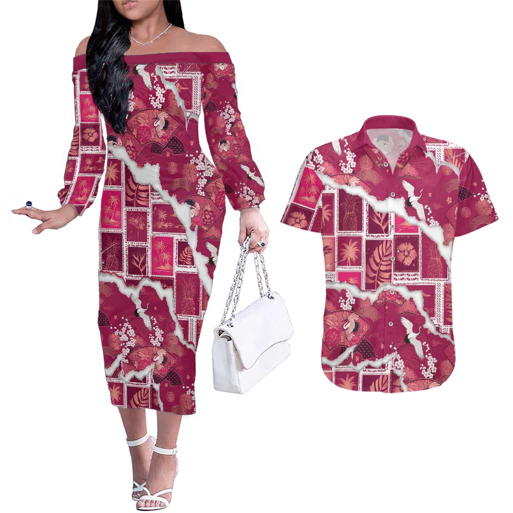 Hawaii Japanese Culture Pink Couples Matching Off The Shoulder Long Sleeve Dress and Hawaiian Shirt Spring Cranes Aloha Pattern