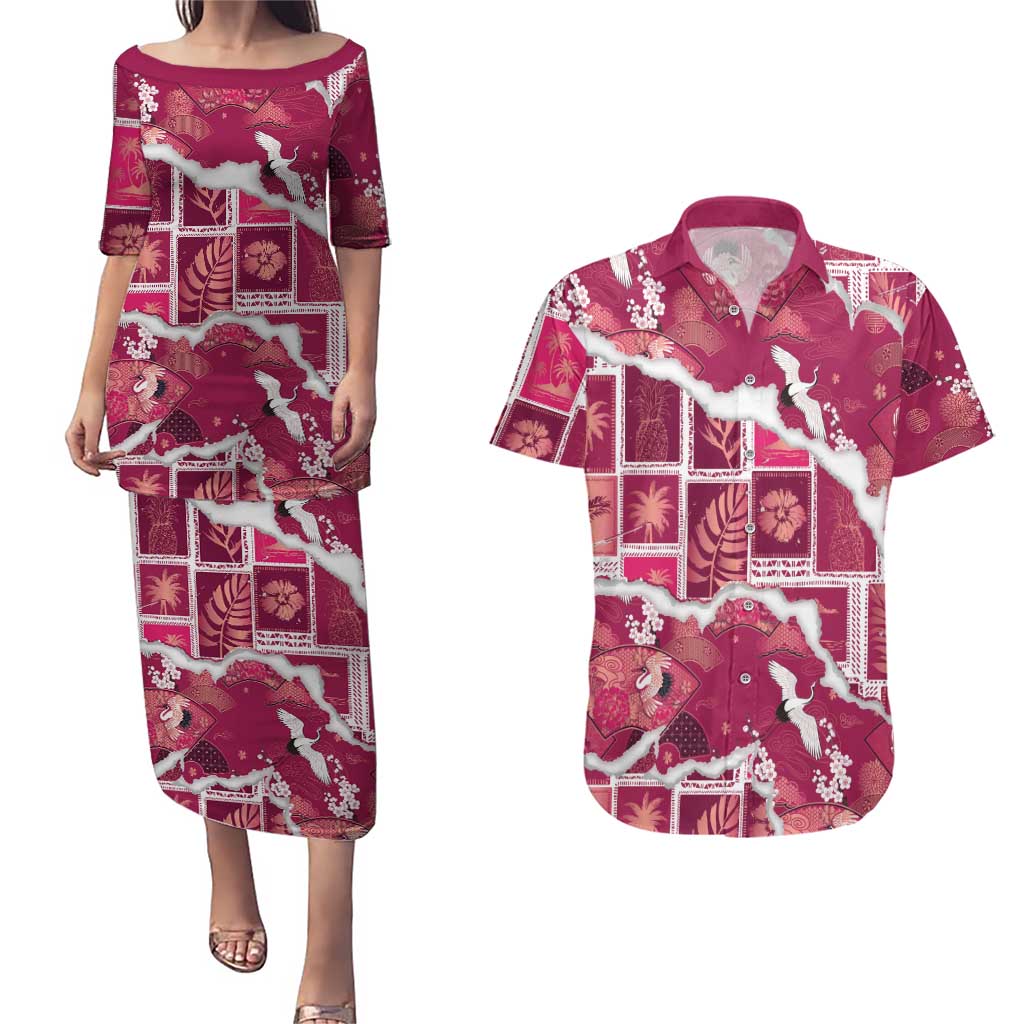 Hawaii Japanese Culture Pink Couples Matching Puletasi and Hawaiian Shirt Spring Cranes Aloha Pattern LT01 Pink - Polynesian Pride