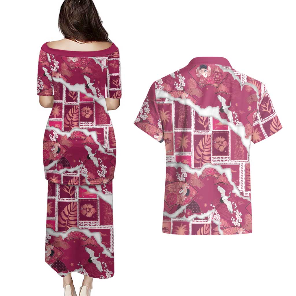 Hawaii Japanese Culture Pink Couples Matching Puletasi and Hawaiian Shirt Spring Cranes Aloha Pattern LT01 - Polynesian Pride