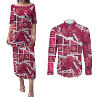 Hawaii Japanese Culture Pink Couples Matching Puletasi and Long Sleeve Button Shirt Spring Cranes Aloha Pattern LT01 Pink - Polynesian Pride