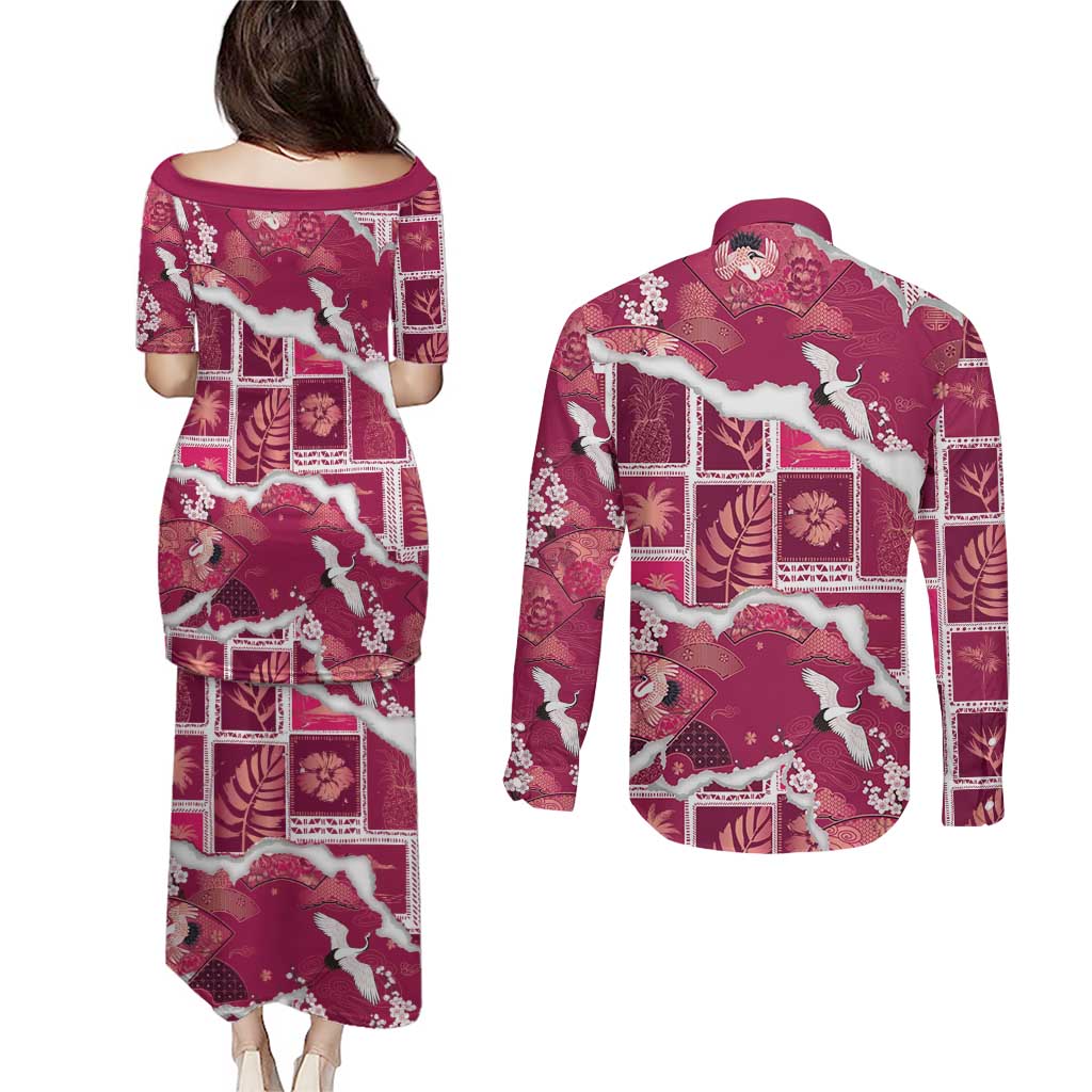 Hawaii Japanese Culture Pink Couples Matching Puletasi and Long Sleeve Button Shirt Spring Cranes Aloha Pattern LT01 - Polynesian Pride