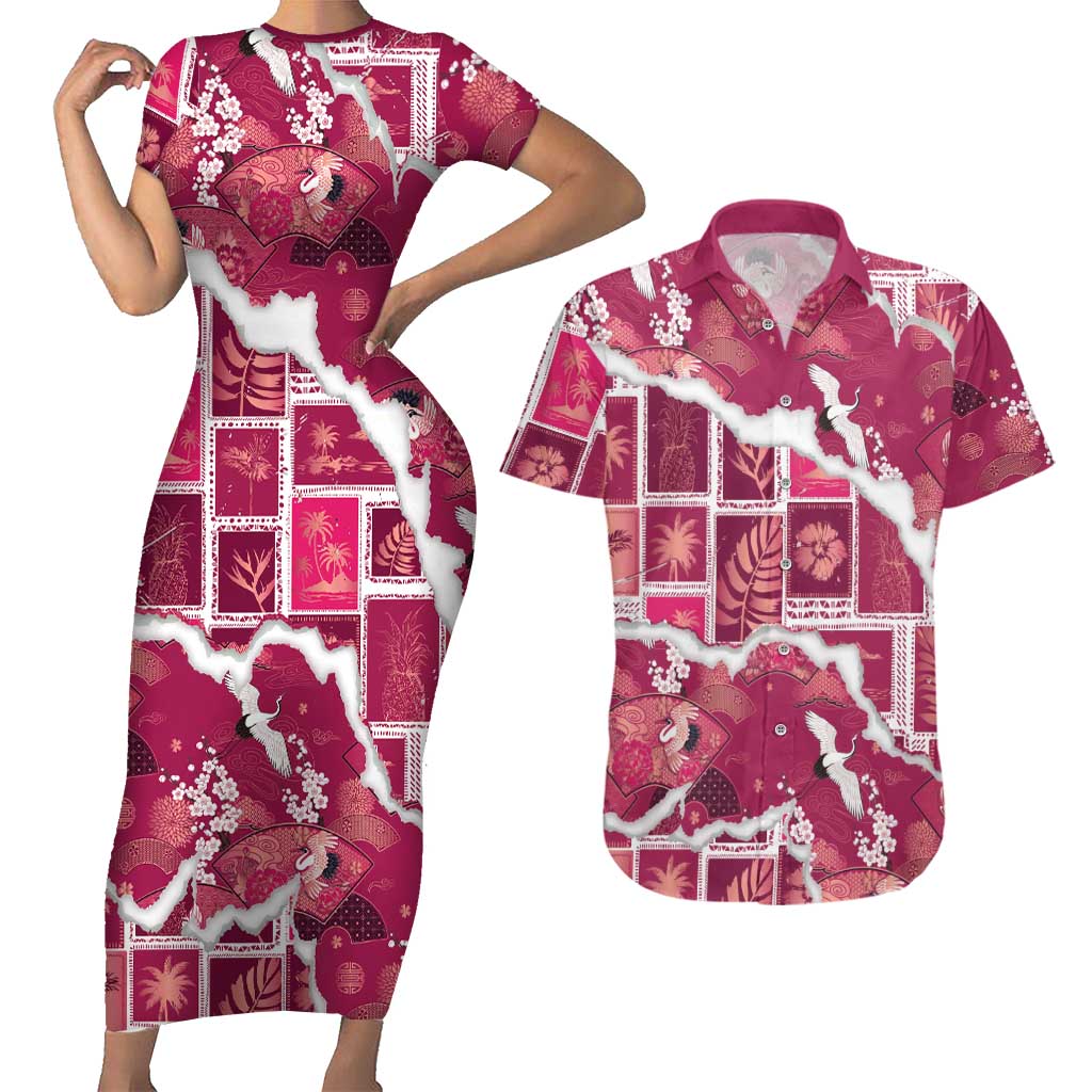 Hawaii Japanese Culture Pink Couples Matching Short Sleeve Bodycon Dress and Hawaiian Shirt Spring Cranes Aloha Pattern LT01 Pink - Polynesian Pride