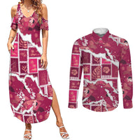 Hawaii Japanese Culture Pink Couples Matching Summer Maxi Dress and Long Sleeve Button Shirt Spring Cranes Aloha Pattern LT01 Pink - Polynesian Pride