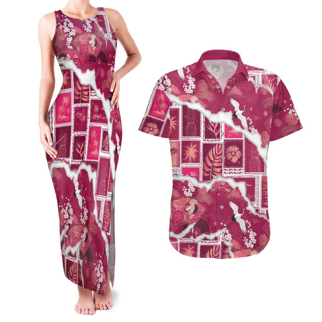 Hawaii Japanese Culture Pink Couples Matching Tank Maxi Dress and Hawaiian Shirt Spring Cranes Aloha Pattern LT01 Pink - Polynesian Pride
