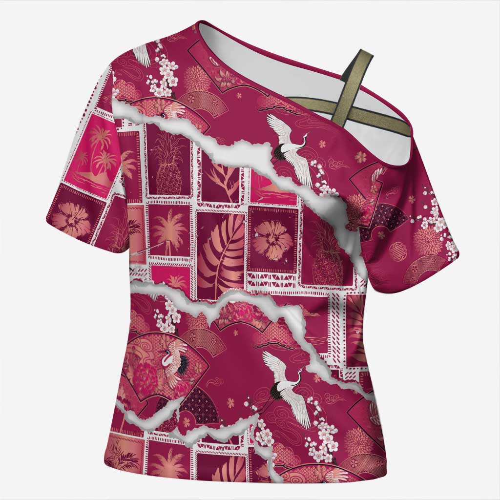 Hawaii Japanese Culture Pink Cross Shoulder Shirt Spring Cranes Aloha Pattern LT01 Female Pink - Polynesian Pride