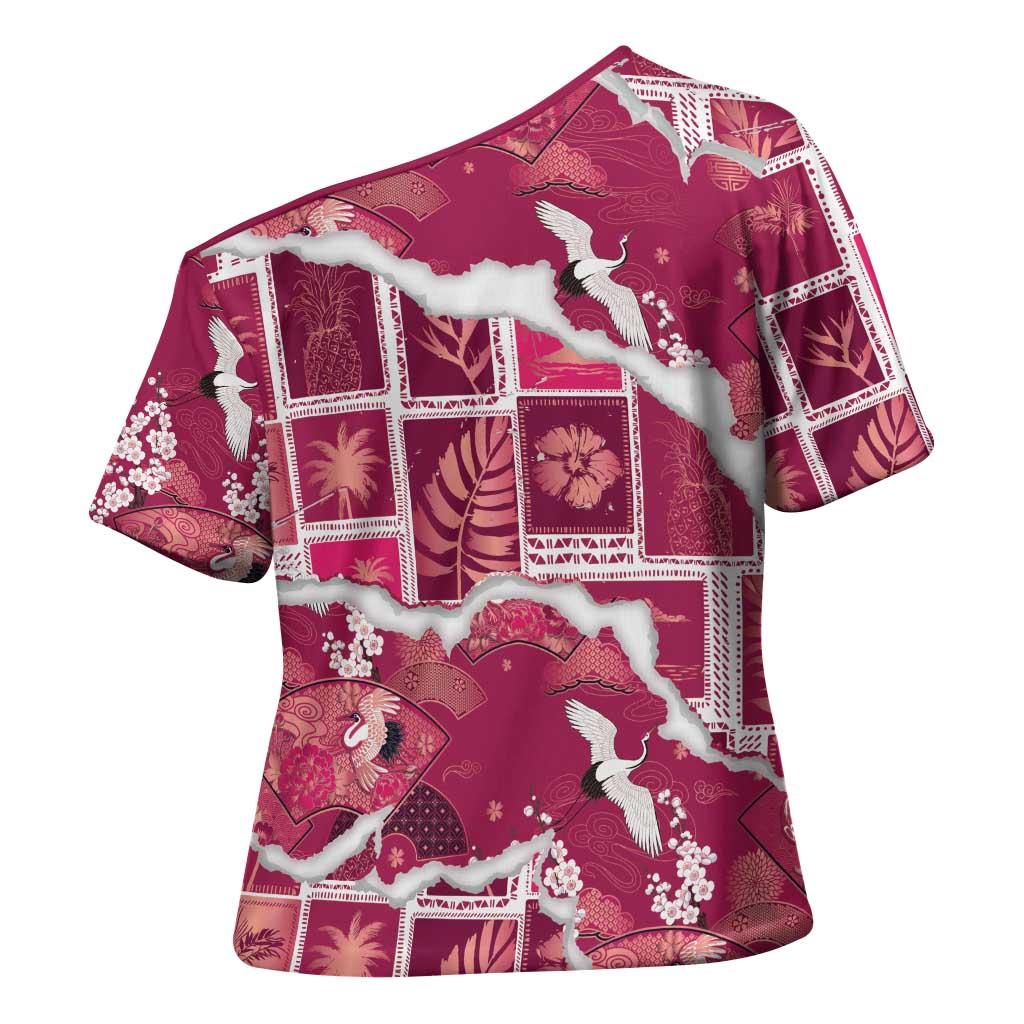 Hawaii Japanese Culture Pink Cross Shoulder Shirt Spring Cranes Aloha Pattern LT01 - Polynesian Pride