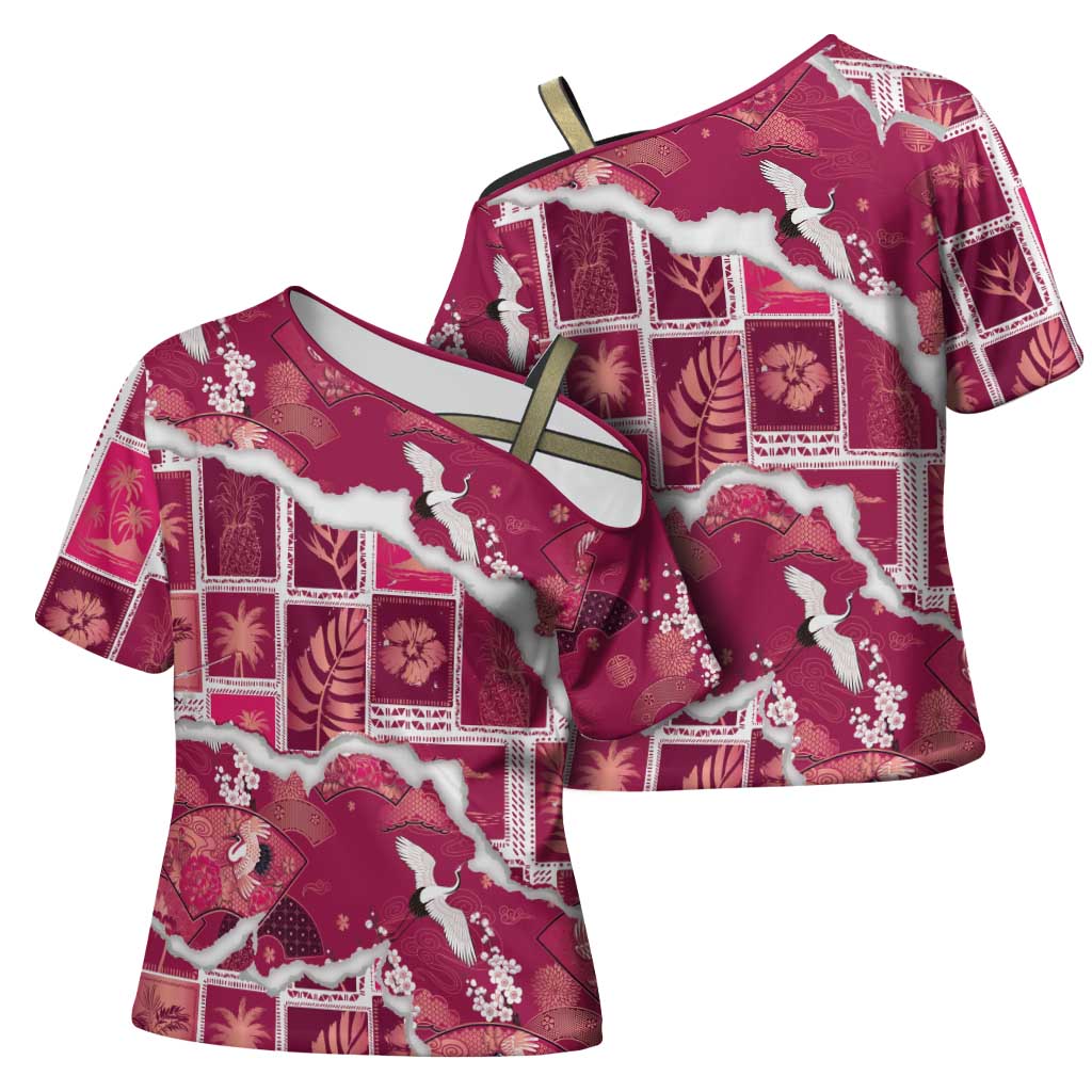 Hawaii Japanese Culture Pink Cross Shoulder Shirt Spring Cranes Aloha Pattern LT01 - Polynesian Pride