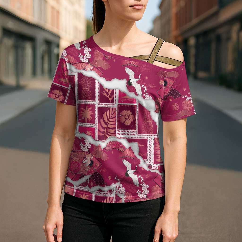 Hawaii Japanese Culture Pink Cross Shoulder Shirt Spring Cranes Aloha Pattern LT01 - Polynesian Pride