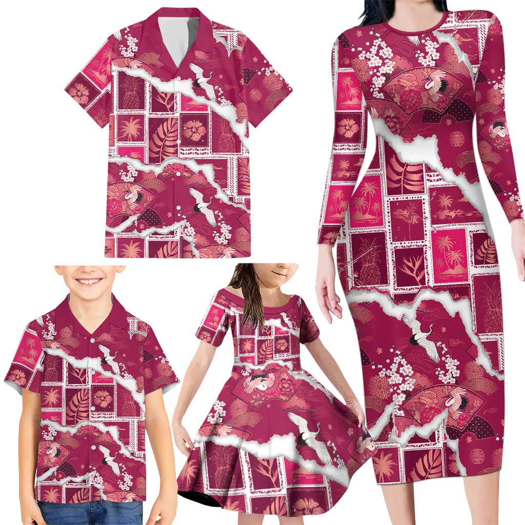 Hawaii Japanese Culture Pink Family Matching Long Sleeve Bodycon Dress and Hawaiian Shirt Spring Cranes Aloha Pattern LT01 - Polynesian Pride