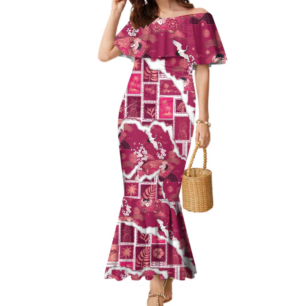 Hawaii Japanese Culture Pink Family Matching Mermaid Dress and Hawaiian Shirt Spring Cranes Aloha Pattern