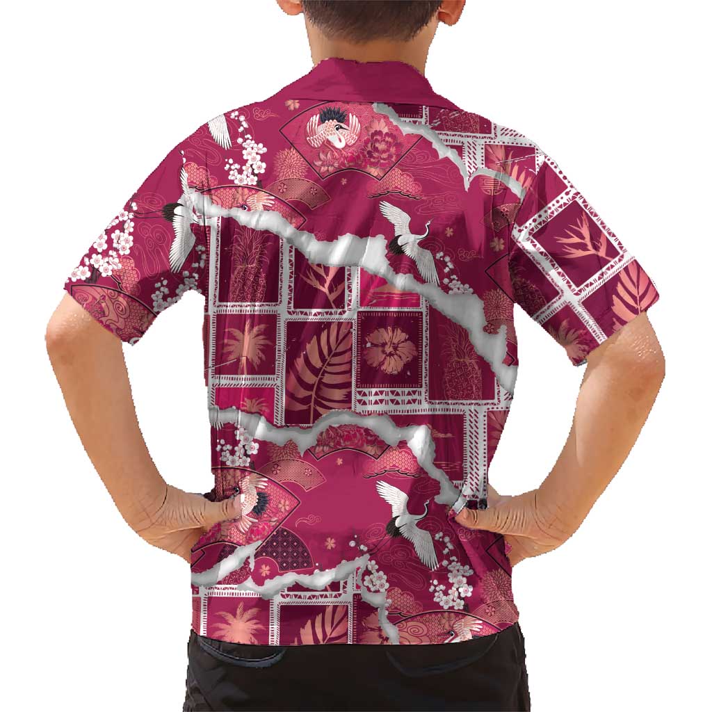 Hawaii Japanese Culture Pink Family Matching Short Sleeve Bodycon Dress and Hawaiian Shirt Spring Cranes Aloha Pattern