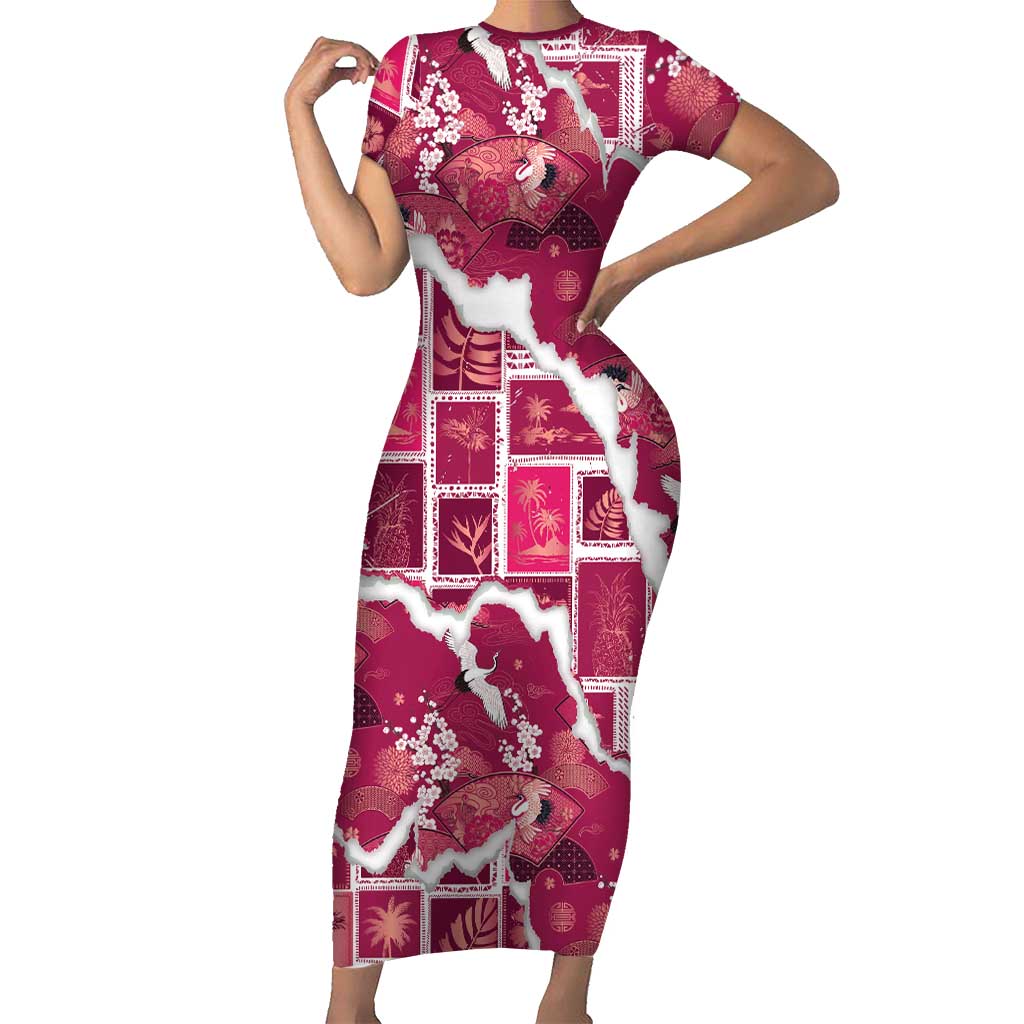 Hawaii Japanese Culture Pink Family Matching Short Sleeve Bodycon Dress and Hawaiian Shirt Spring Cranes Aloha Pattern