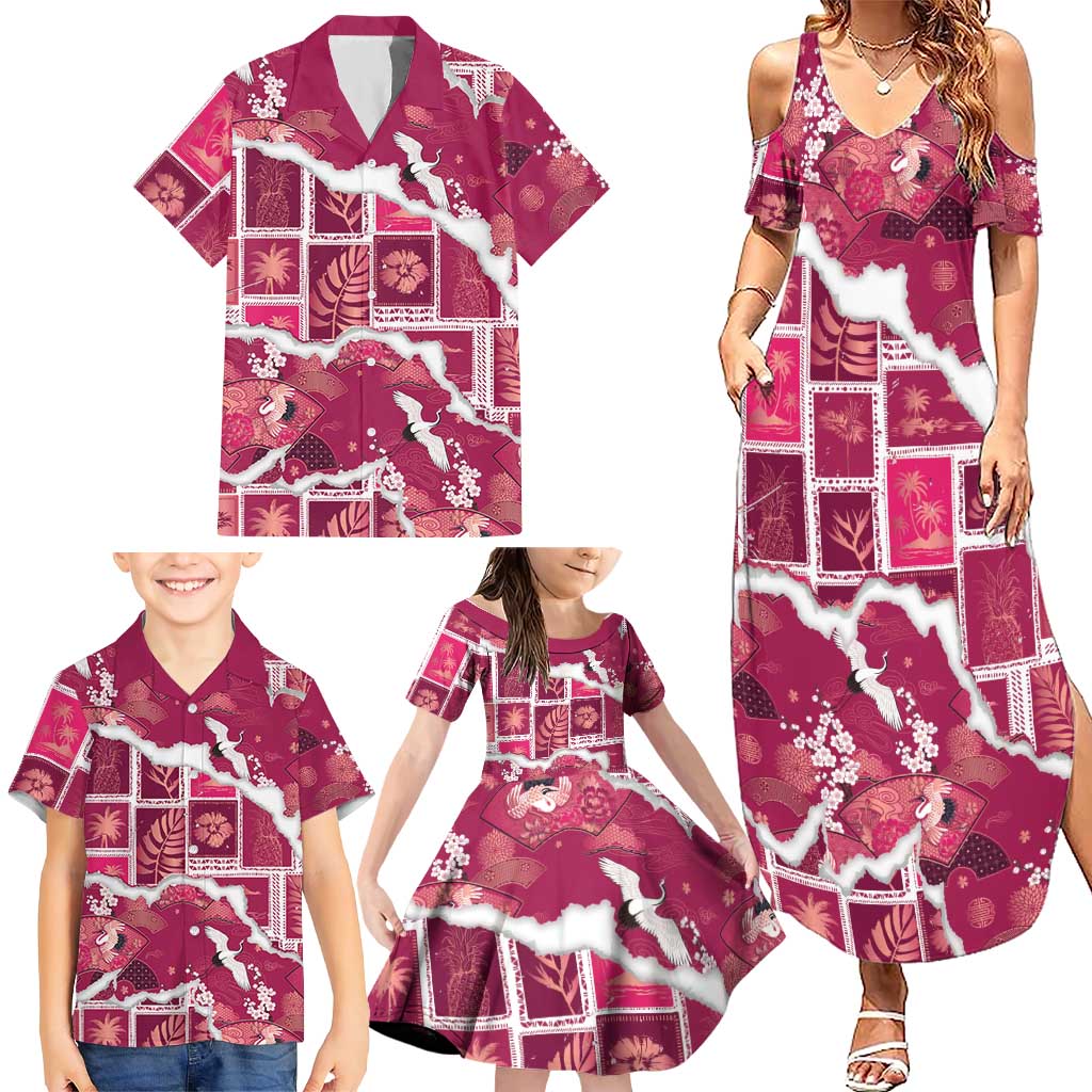 Hawaii Japanese Culture Pink Family Matching Summer Maxi Dress and Hawaiian Shirt Spring Cranes Aloha Pattern LT01 - Polynesian Pride