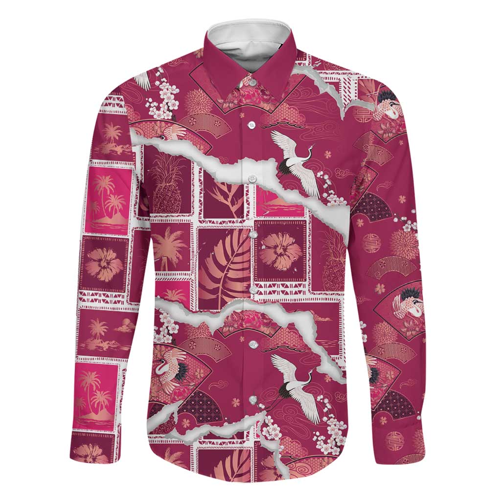 Hawaii Japanese Culture Pink Family Matching Tank Maxi Dress and Hawaiian Shirt Spring Cranes Aloha Pattern