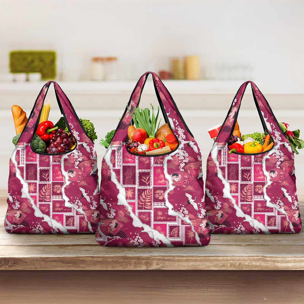 Hawaii Japanese Culture Pink Grocery Bag Spring Cranes Aloha Pattern LT01 3-pack One Size Pink - Polynesian Pride