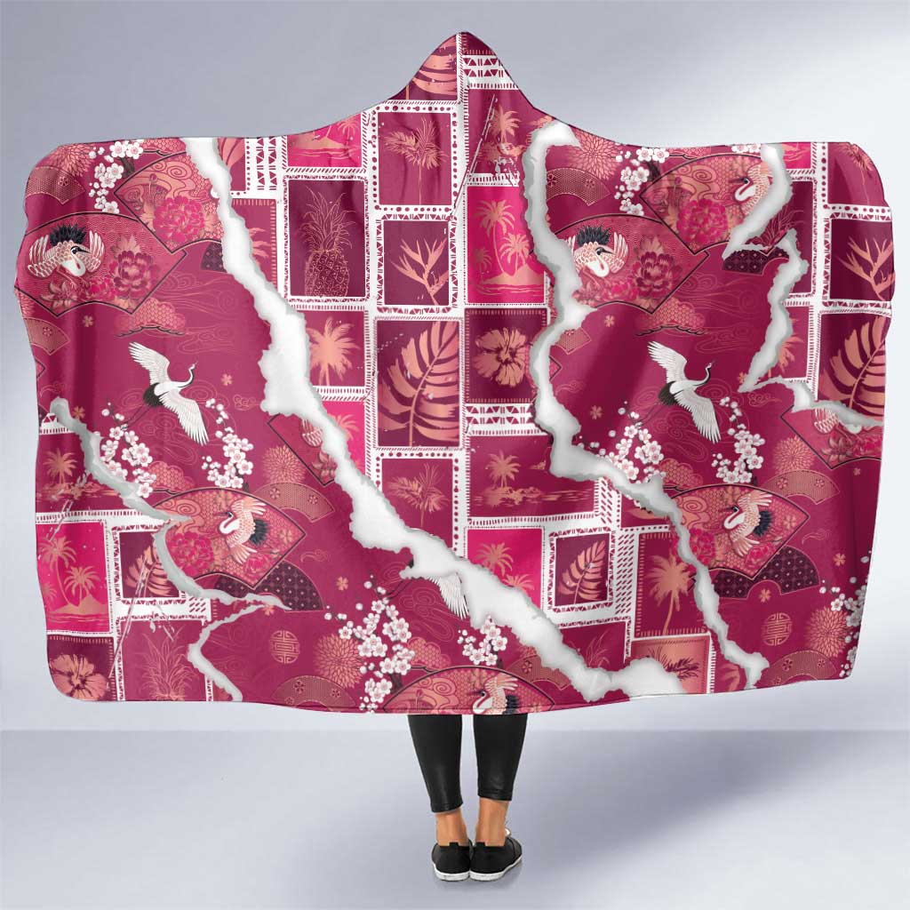 Hawaii Japanese Culture Pink Hooded Blanket Spring Cranes Aloha Pattern LT01 One Size Pink - Polynesian Pride