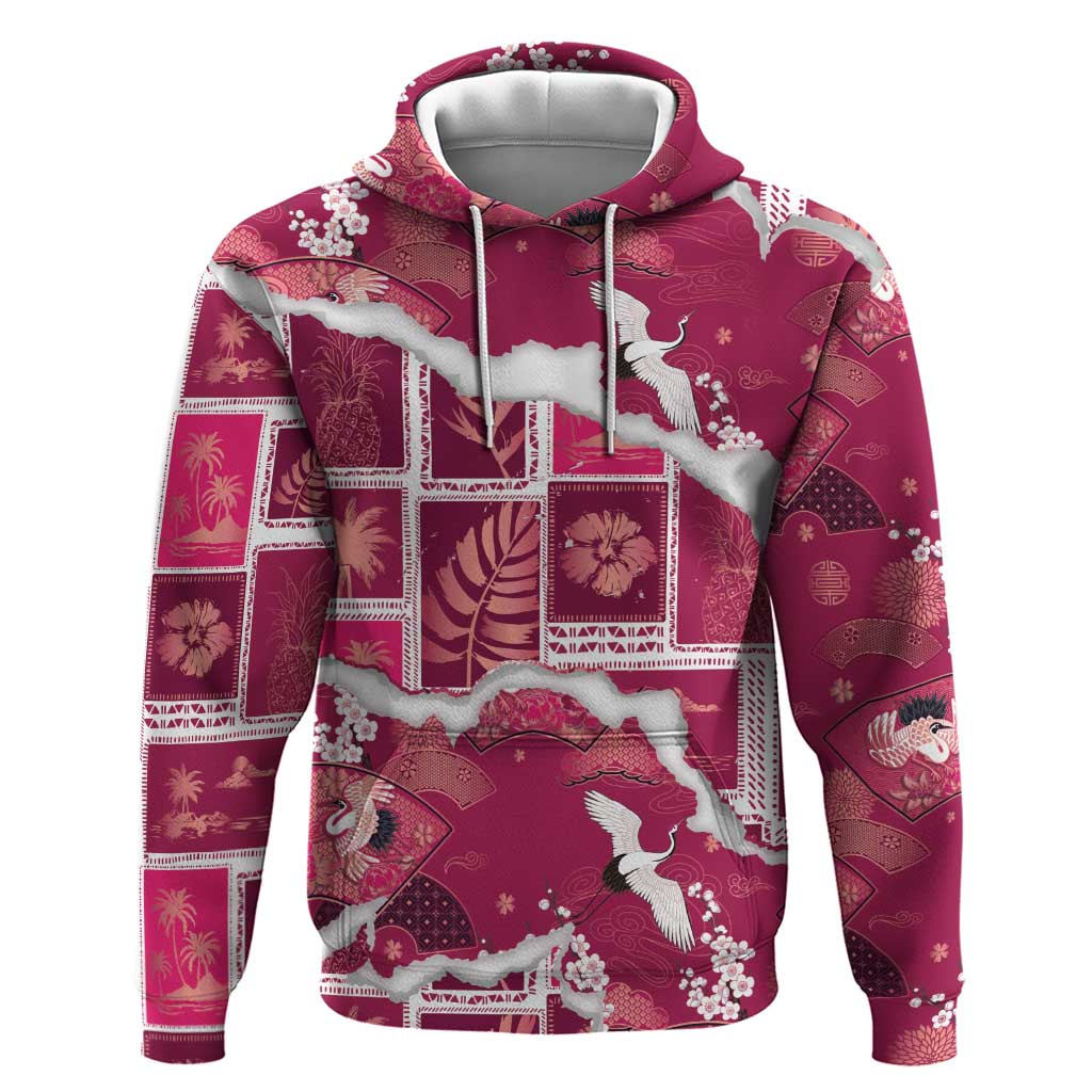 Hawaii Japanese Culture Pink Hoodie Spring Cranes Aloha Pattern LT01 Pullover Hoodie Pink - Polynesian Pride