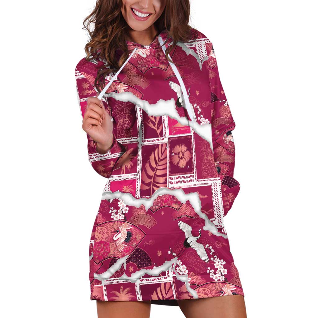 Hawaii Japanese Culture Pink Hoodie Dress Spring Cranes Aloha Pattern LT01 Pink - Polynesian Pride