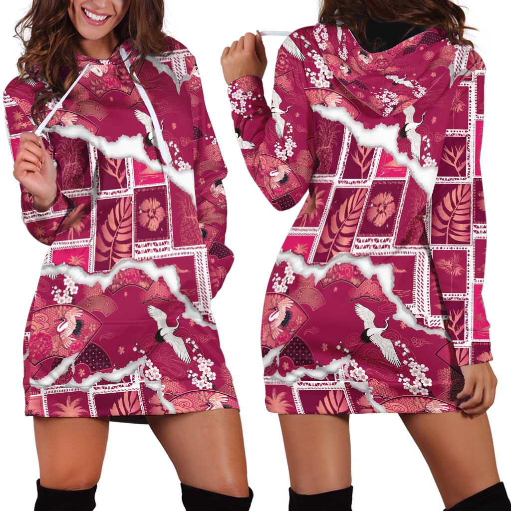 Hawaii Japanese Culture Pink Hoodie Dress Spring Cranes Aloha Pattern LT01 - Polynesian Pride