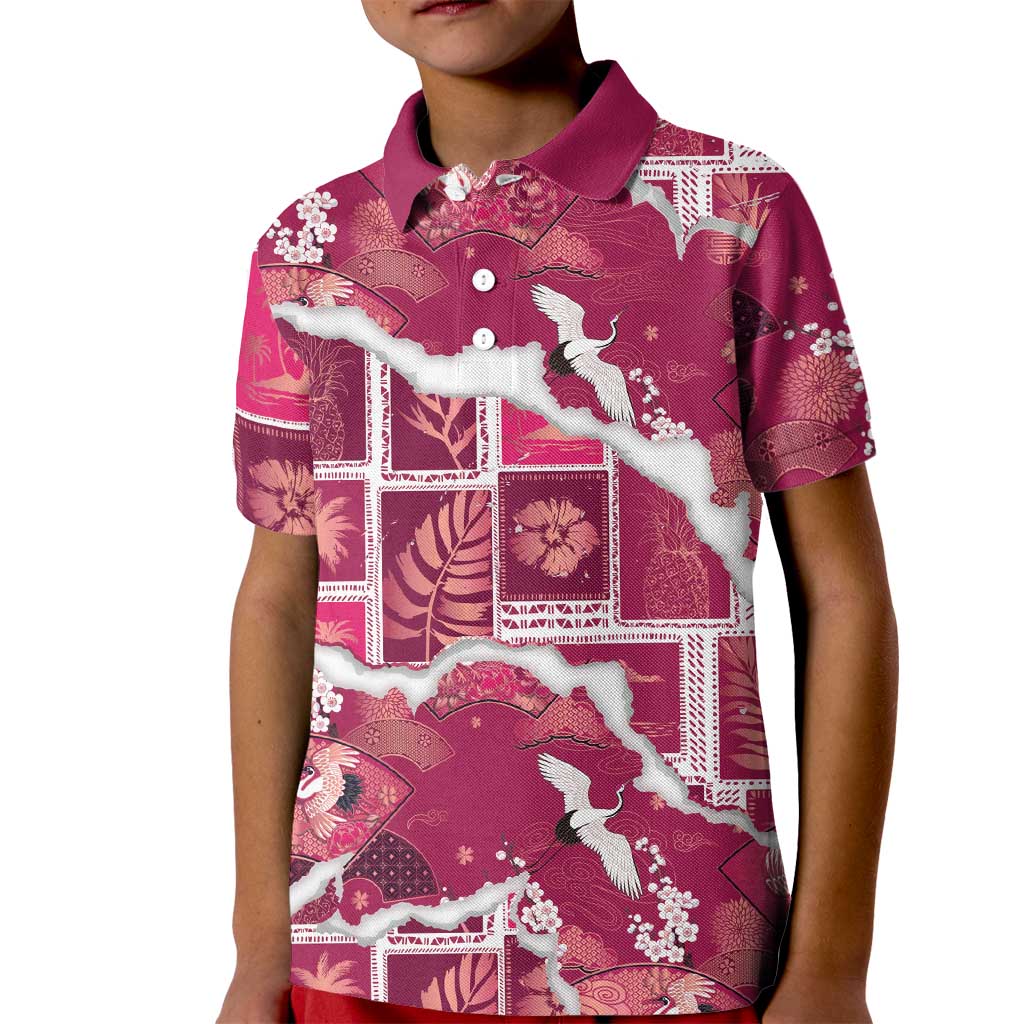 Hawaii Japanese Culture Pink Kid Polo Shirt Spring Cranes Aloha Pattern LT01 Kid Pink - Polynesian Pride