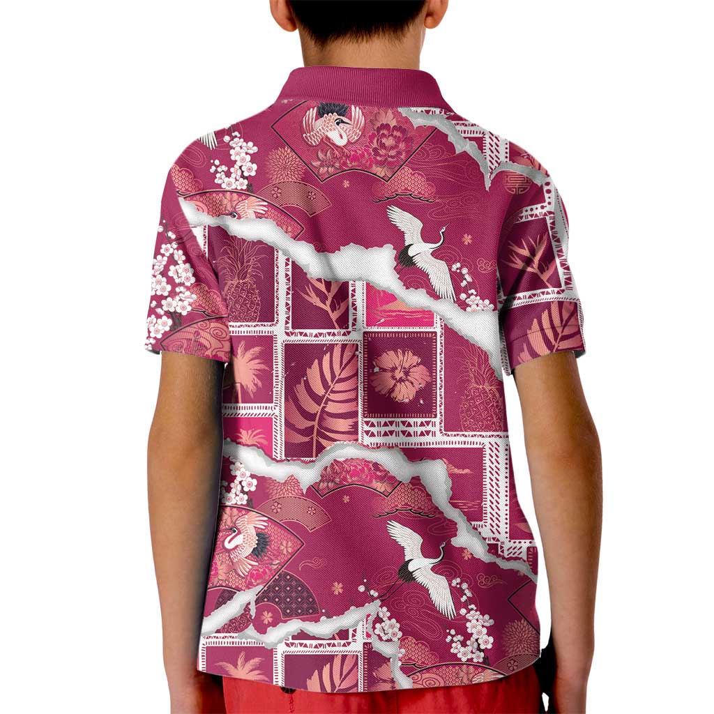 Hawaii Japanese Culture Pink Kid Polo Shirt Spring Cranes Aloha Pattern LT01 - Polynesian Pride