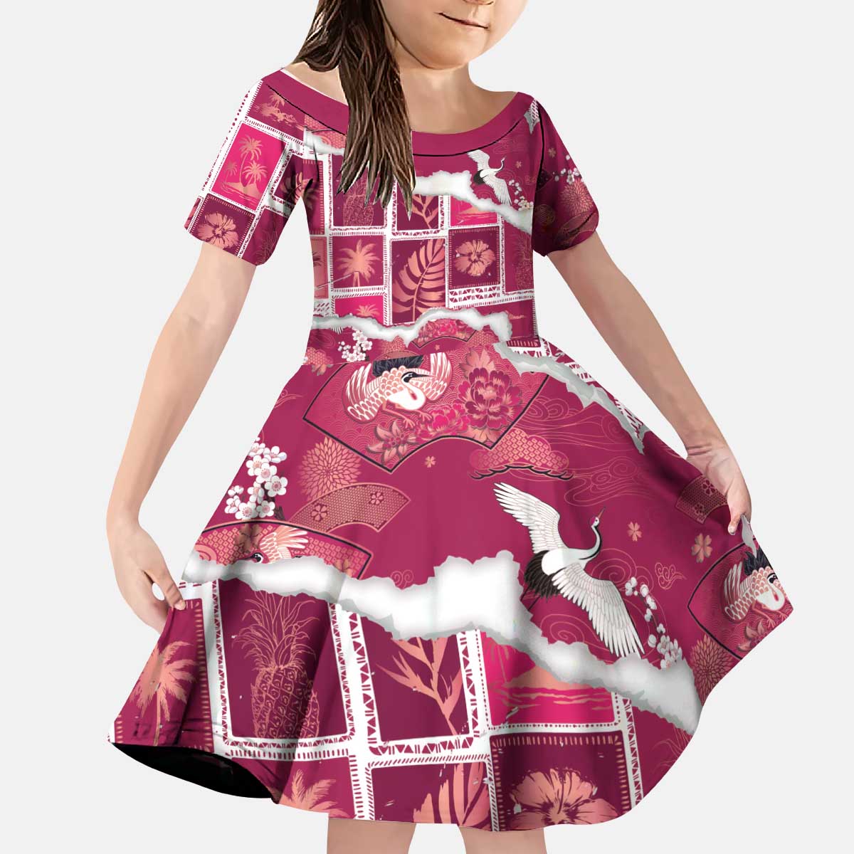 Hawaii Japanese Culture Pink Kid Short Sleeve Dress Spring Cranes Aloha Pattern