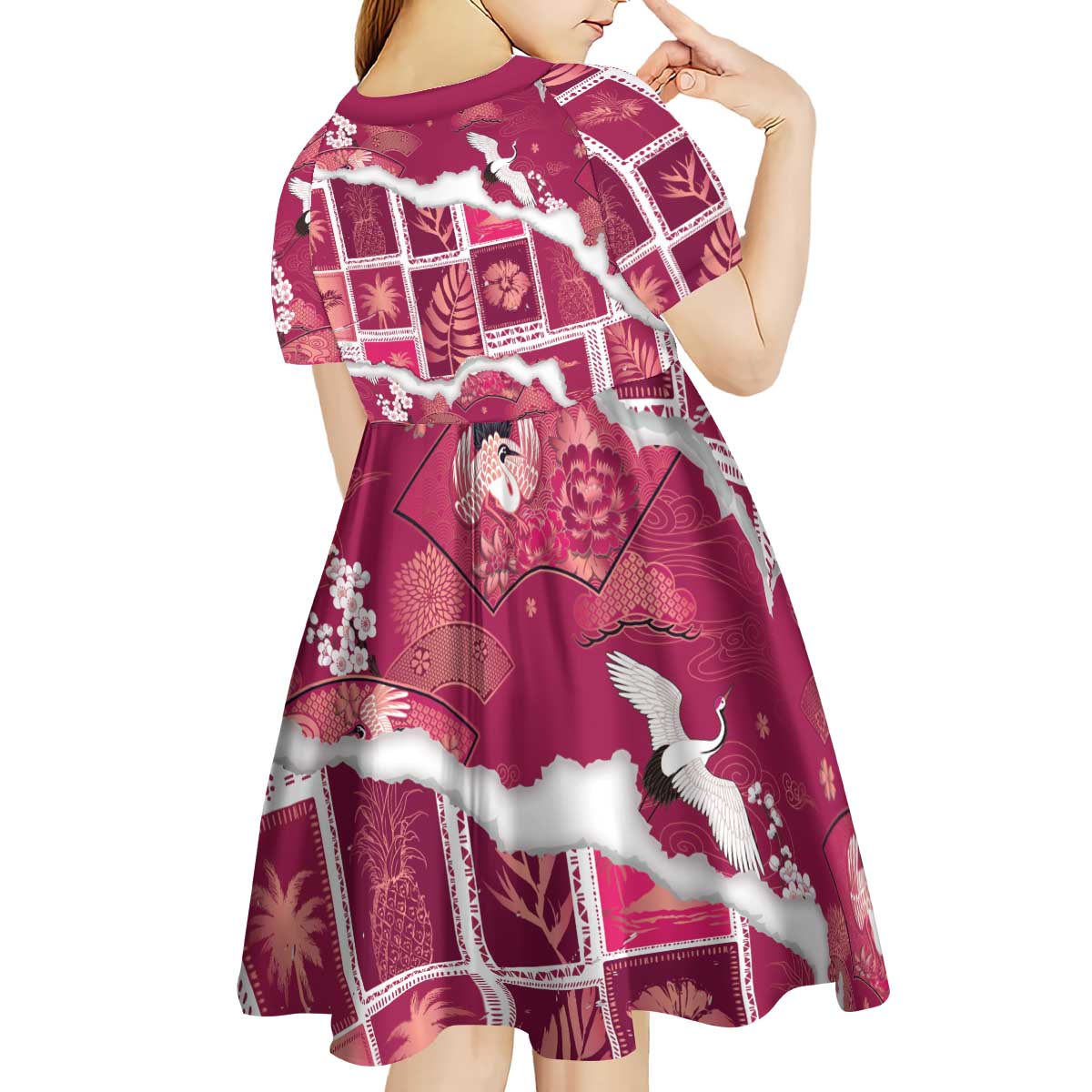 Hawaii Japanese Culture Pink Kid Short Sleeve Dress Spring Cranes Aloha Pattern