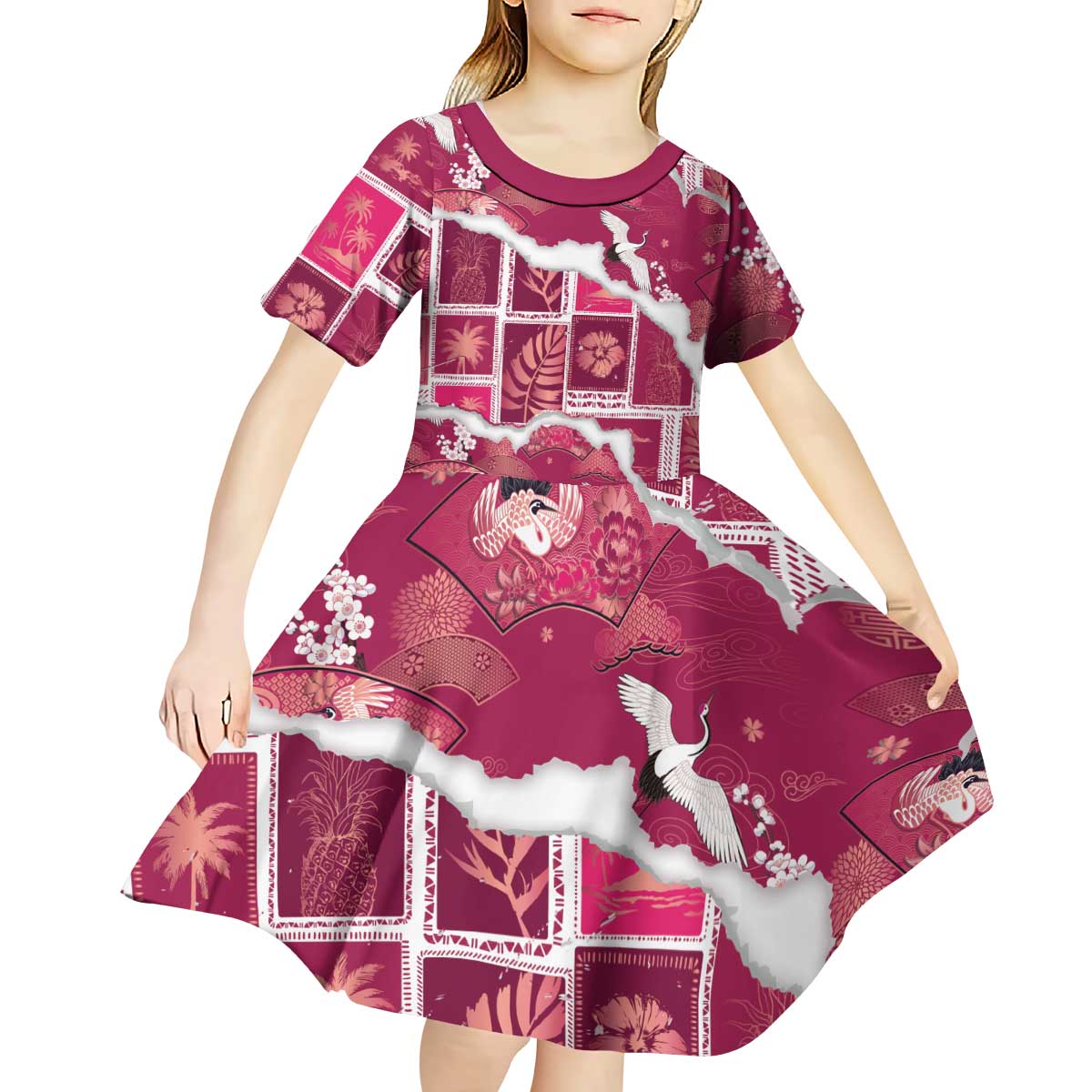 Hawaii Japanese Culture Pink Kid Short Sleeve Dress Spring Cranes Aloha Pattern
