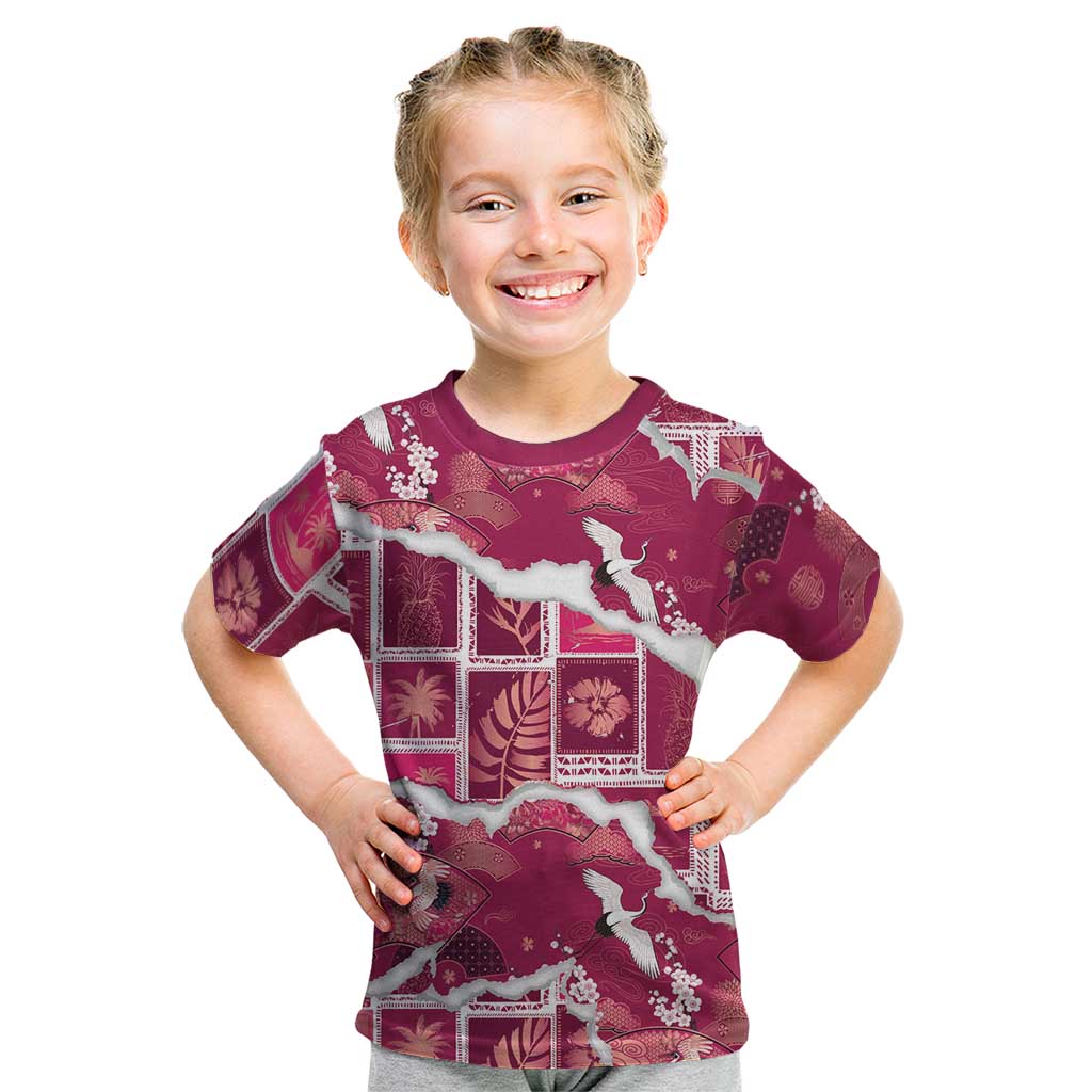 Hawaii Japanese Culture Pink Kid T Shirt Spring Cranes Aloha Pattern LT01 Pink - Polynesian Pride
