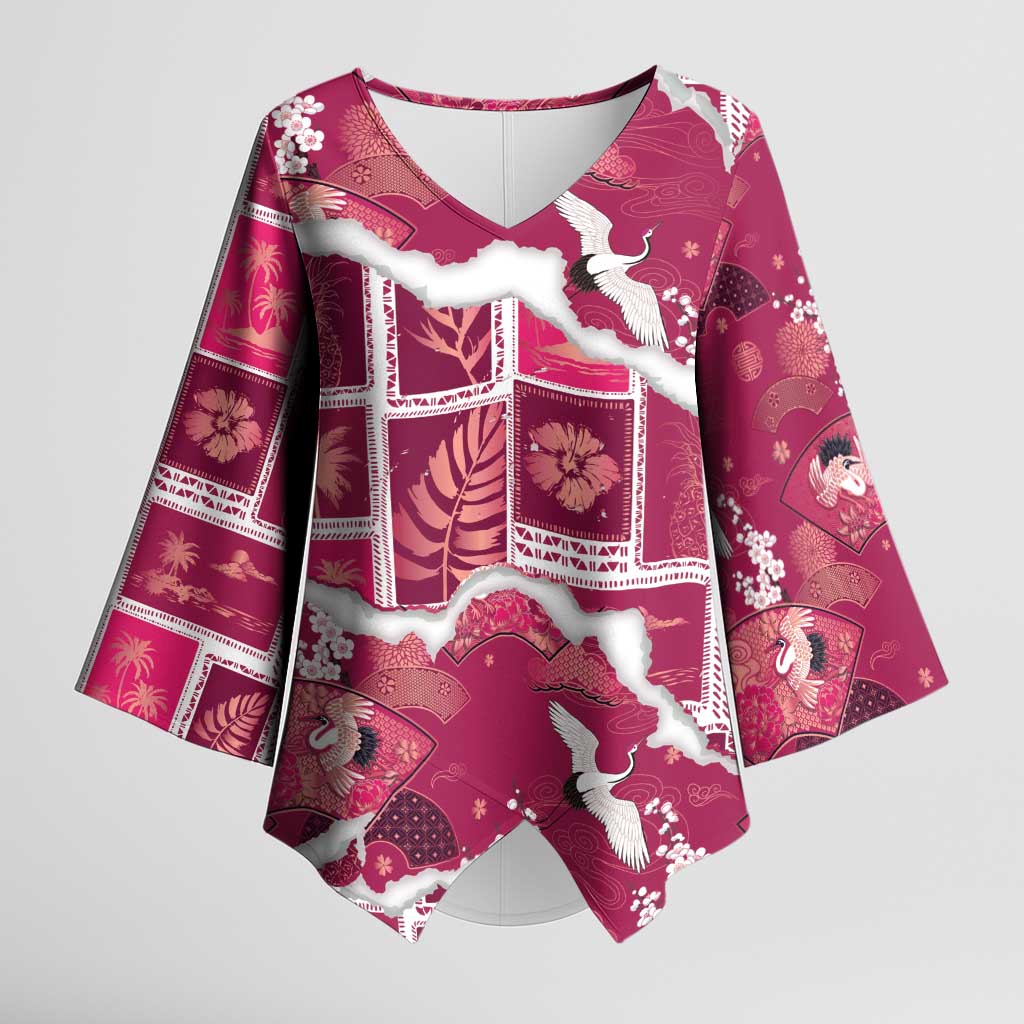 Hawaii Japanese Culture Pink Kimono Sleeve Blouse Spring Cranes Aloha Pattern LT01 Female Pink - Polynesian Pride