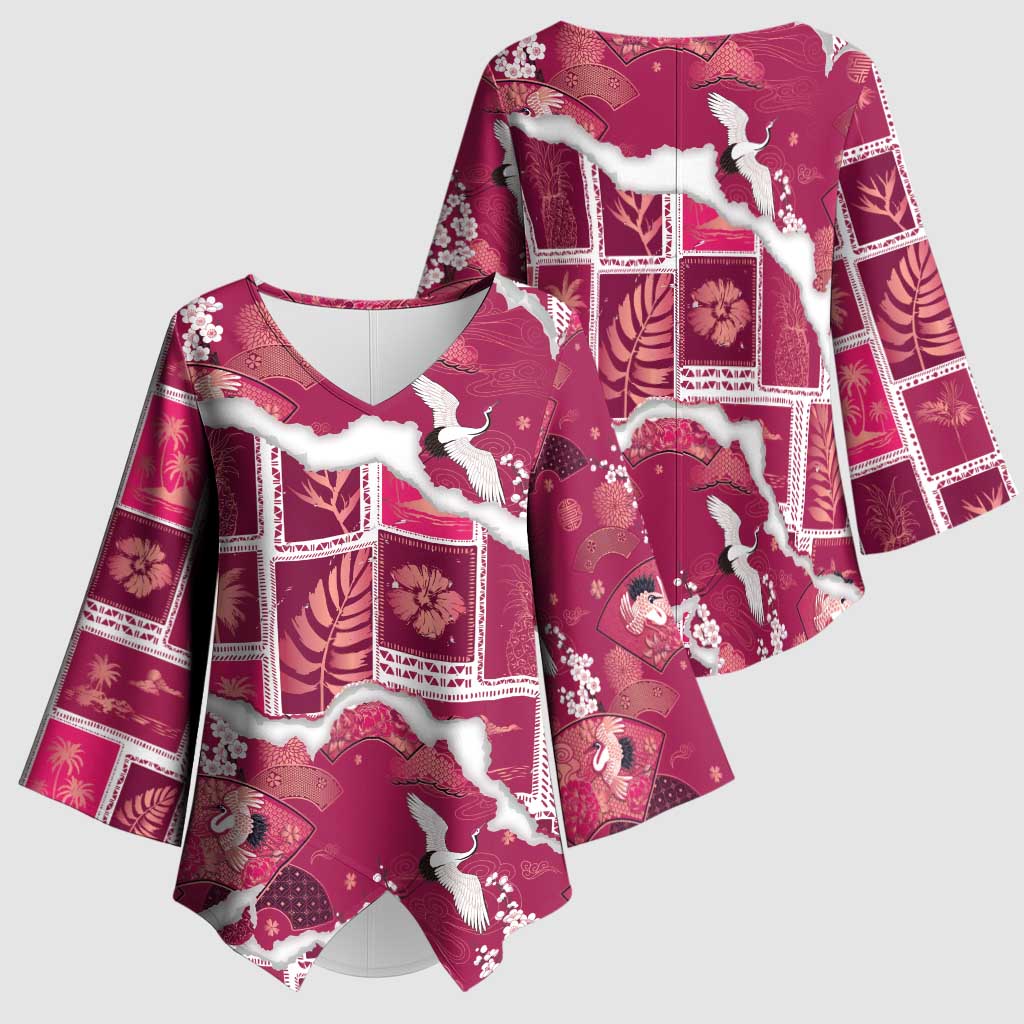 Hawaii Japanese Culture Pink Kimono Sleeve Blouse Spring Cranes Aloha Pattern LT01 - Polynesian Pride