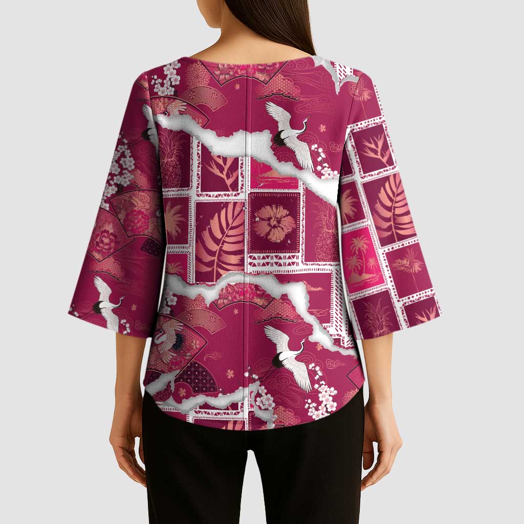 Hawaii Japanese Culture Pink Kimono Sleeve Blouse Spring Cranes Aloha Pattern LT01 - Polynesian Pride