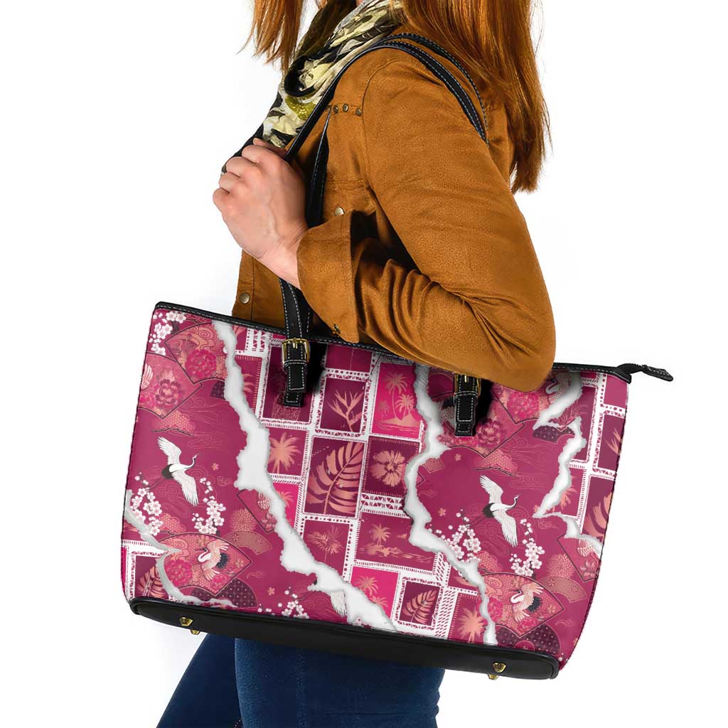Hawaii Japanese Culture Pink Leather Tote Bag Spring Cranes Aloha Pattern LT01 Pink - Polynesian Pride