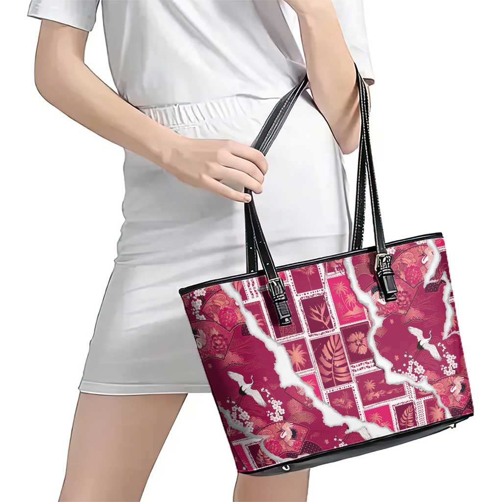 Hawaii Japanese Culture Pink Leather Tote Bag Spring Cranes Aloha Pattern LT01 - Polynesian Pride
