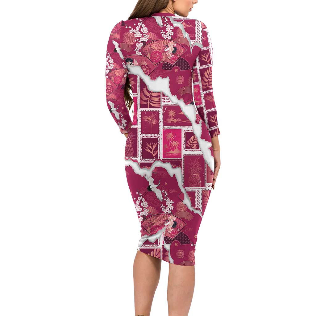 Hawaii Japanese Culture Pink Long Sleeve Bodycon Dress Spring Cranes Aloha Pattern LT01 - Polynesian Pride