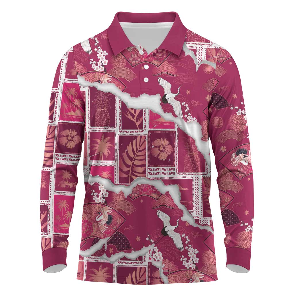 Hawaii Japanese Culture Pink Long Sleeve Polo Shirt Spring Cranes Aloha Pattern LT01 Pink - Polynesian Pride