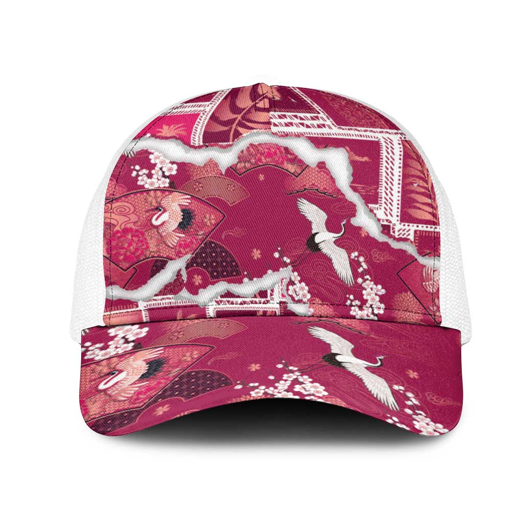 Hawaii Japanese Culture Pink Mesh Trucker Cap Spring Cranes Aloha Pattern LT01 One Size White Pink - Polynesian Pride