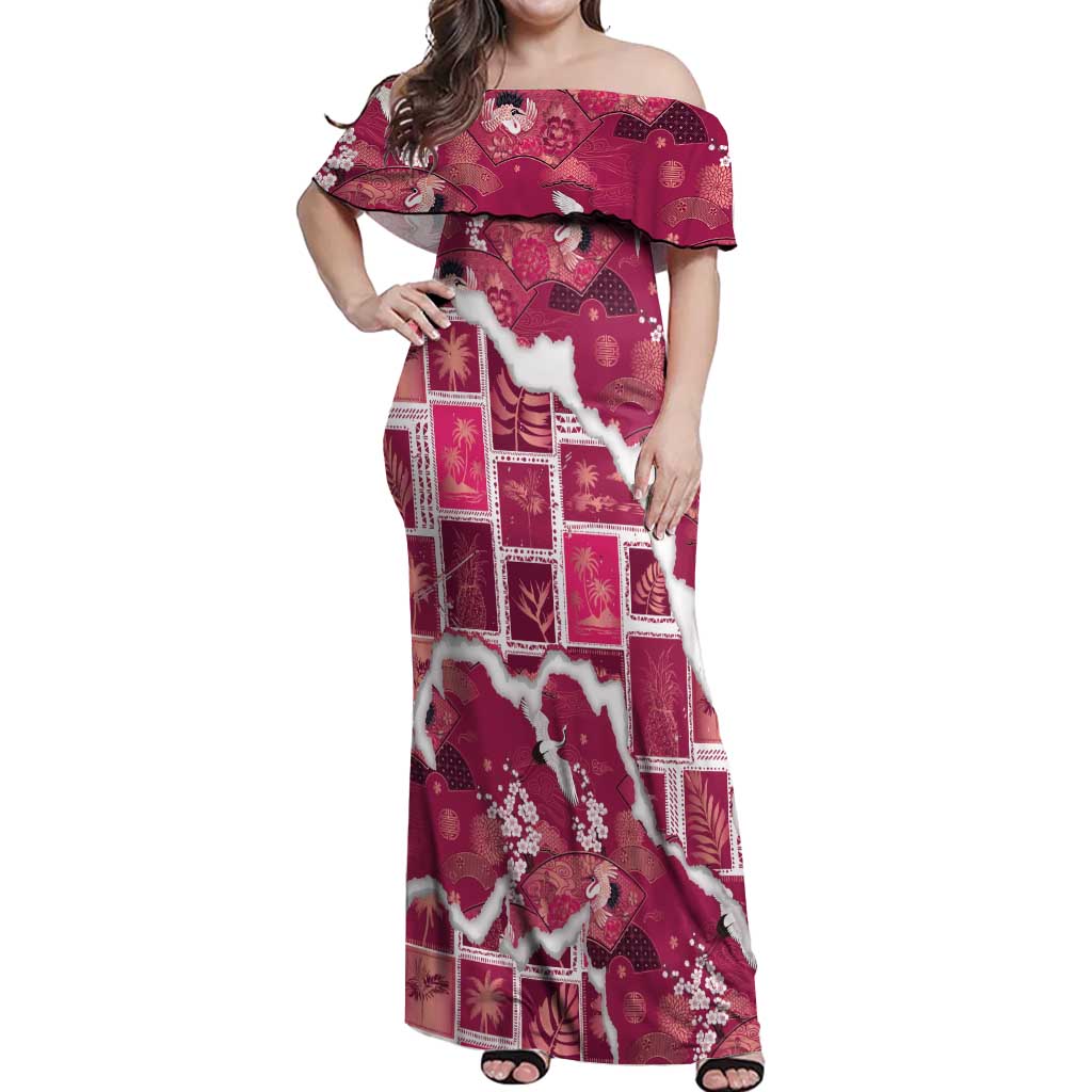 Hawaii Japanese Culture Pink Off Shoulder Maxi Dress Spring Cranes Aloha Pattern LT01 Women Pink - Polynesian Pride