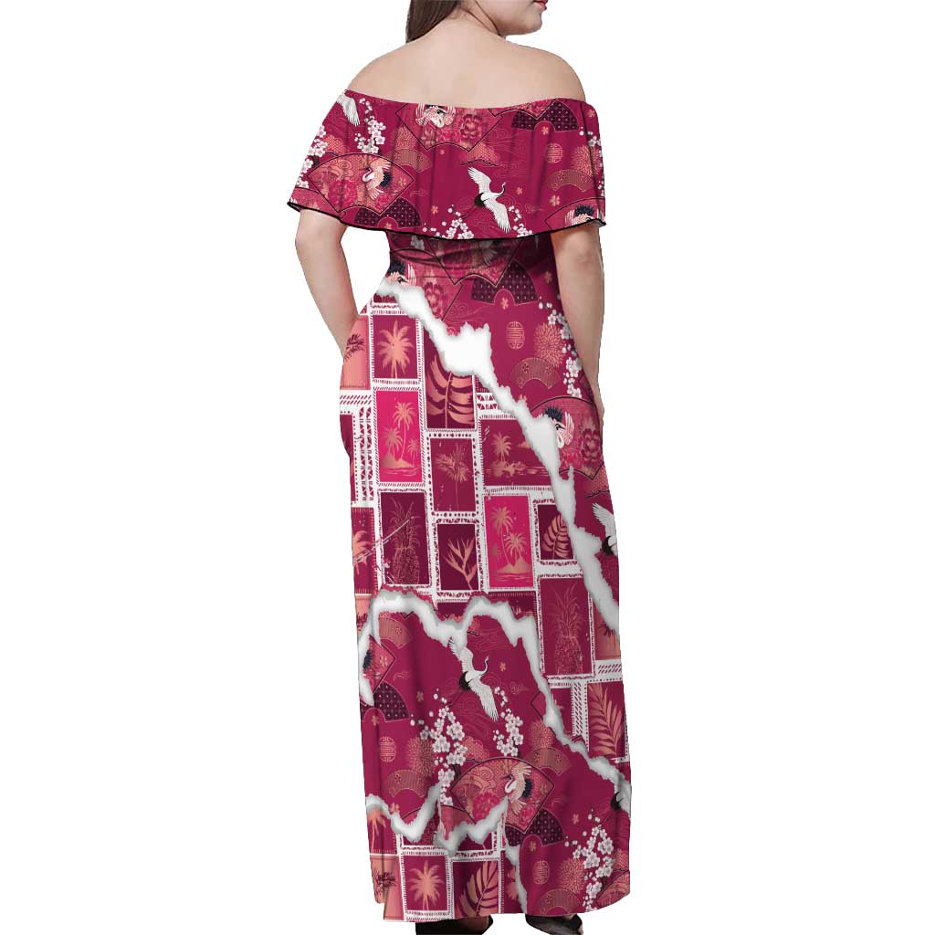 Hawaii Japanese Culture Pink Off Shoulder Maxi Dress Spring Cranes Aloha Pattern LT01 - Polynesian Pride
