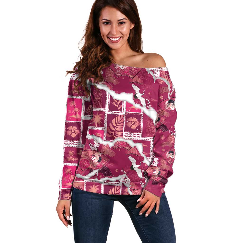 Hawaii Japanese Culture Pink Off Shoulder Sweater Spring Cranes Aloha Pattern LT01 Women Pink - Polynesian Pride