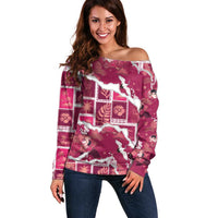 Hawaii Japanese Culture Pink Off Shoulder Sweater Spring Cranes Aloha Pattern LT01 Women Pink - Polynesian Pride