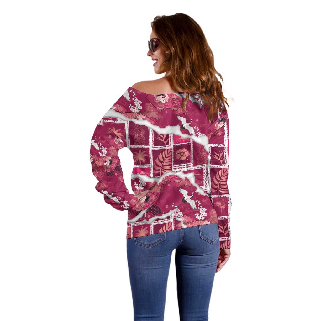 Hawaii Japanese Culture Pink Off Shoulder Sweater Spring Cranes Aloha Pattern LT01 - Polynesian Pride