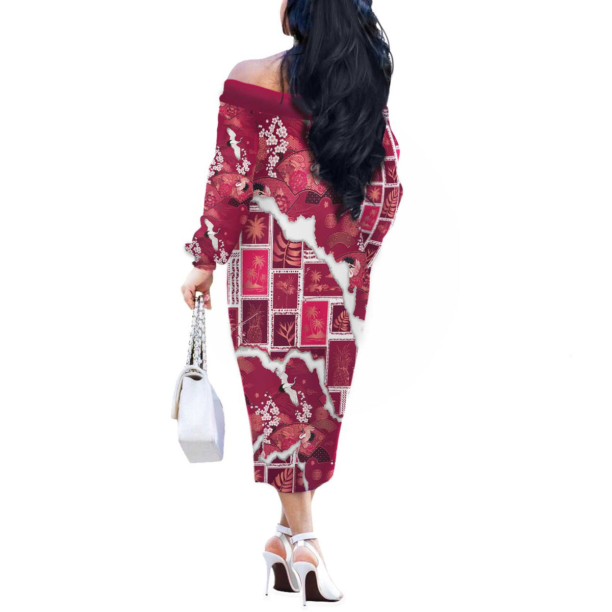 Hawaii Japanese Culture Pink Off The Shoulder Long Sleeve Dress Spring Cranes Aloha Pattern