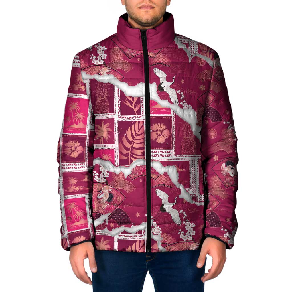 Hawaii Japanese Culture Pink Padded Jacket Spring Cranes Aloha Pattern LT01 Men Pink - Polynesian Pride